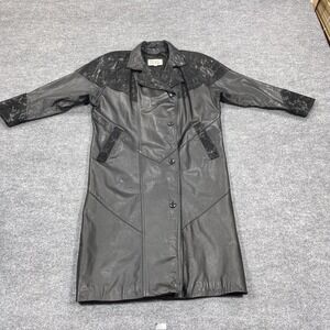 Vintage Pelle Studio Coat Womens Medium Black Leather Trench Animal Print 90s